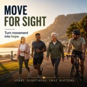 A group of four people walking, jogging and cycling together along a scenic coastal path with a mountain backdrop in warm sunlight, with the text: Move for Sight — Turn movement into hope. Start Something That Matters.