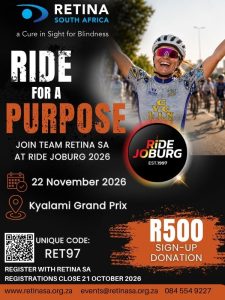 Retina South Africa logo with tagline "A Cure in Sight for Blindness." Heading reads "Ride for a Purpose — Join Team Retina SA at Ride Joburg 2026," with the Ride Joburg logo (established 1997). Background photo shows a cyclist celebrating with arms raised. Event details: 22 November 2026 at Kyalami Grand Prix. Unique code: RET97. Text reads "Register with Retina SA. Registrations close 21 October 2026." QR code included for registration. Contact details: www.retinasa.org.za, events@retinasa.org.za, 084 554 9227.