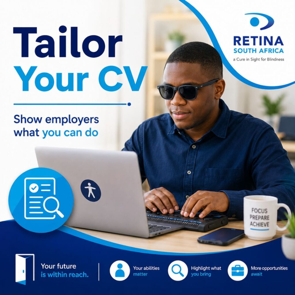 Visually Impaired Person wearing dark glasses working on a laptop with “Tailor Your CV” text and Retina South Africa branding