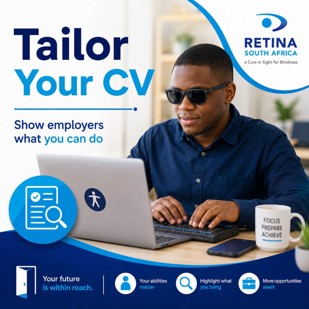 Visually Impaired Person wearing dark glasses working on a laptop with “Tailor Your CV” text and Retina South Africa branding