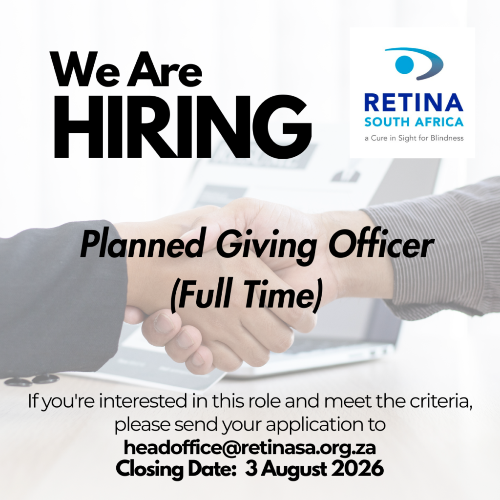 We are hiring" graphic for the Planned Giving Officer role. Two people shaking hands across a desk.