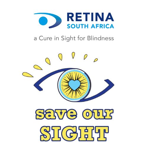 Retina South Africa logo with the tagline "a Cure in Sight for Blindness" above a stylised blue eye illustration. The iris is depicted as a yellow sunflower with a blue heart at its centre, surrounded by yellow rays of light. Below the illustration, the words "Save Our Sight" appear in large blue and yellow lettering.