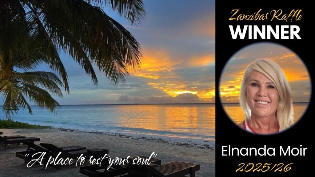 Graphic split into two halves. Left: a sunset photo over a calm ocean beach with a palm tree silhouette in the foreground, wooden loungers on the sand, and the caption 'A place to rest your soul.' Right: a black panel reading 'Zanzibar Raffle Winner' and 'Winner' in gold and white script, with a circular photo of a smiling blonde woman, captioned 'Elnanda Moir, 2025/26.