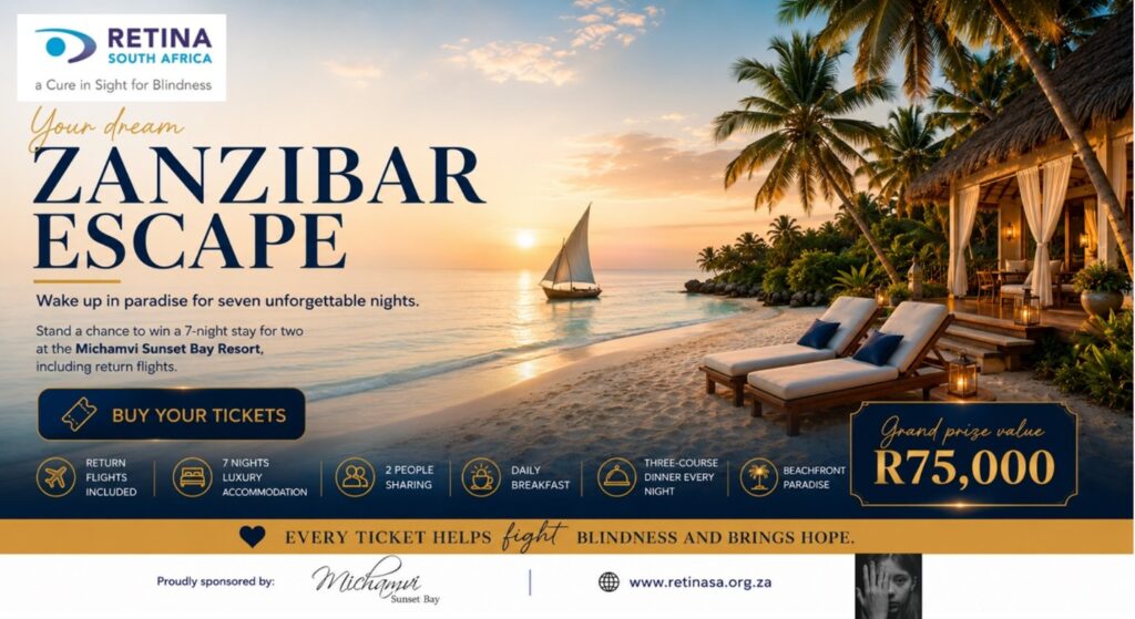 Advertisement for 'Your Dream Zanzibar Escape' with the Retina South Africa logo top left. A beach scene at sunset shows a sailboat on calm water, palm trees, lounge chairs, and a thatched-roof villa. Text reads: 'Wake up in paradise for seven unforgettable nights. Stand a chance to win a 7-night stay for two at the Michamvi Sunset Bay Resort, including return flights,' with a 'Buy Your Tickets' button. Icons list included features: return flights, 7 nights luxury accommodation, 2 people sharing, daily breakfast, three-course dinner every night, and beachfront paradise. A badge reads 'Grand prize value R75,000.' A gold banner states 'Every ticket helps fight blindness and brings hope.' Footer credits Michamvi Sunset Bay as sponsor and lists www.retinasa.org.za.