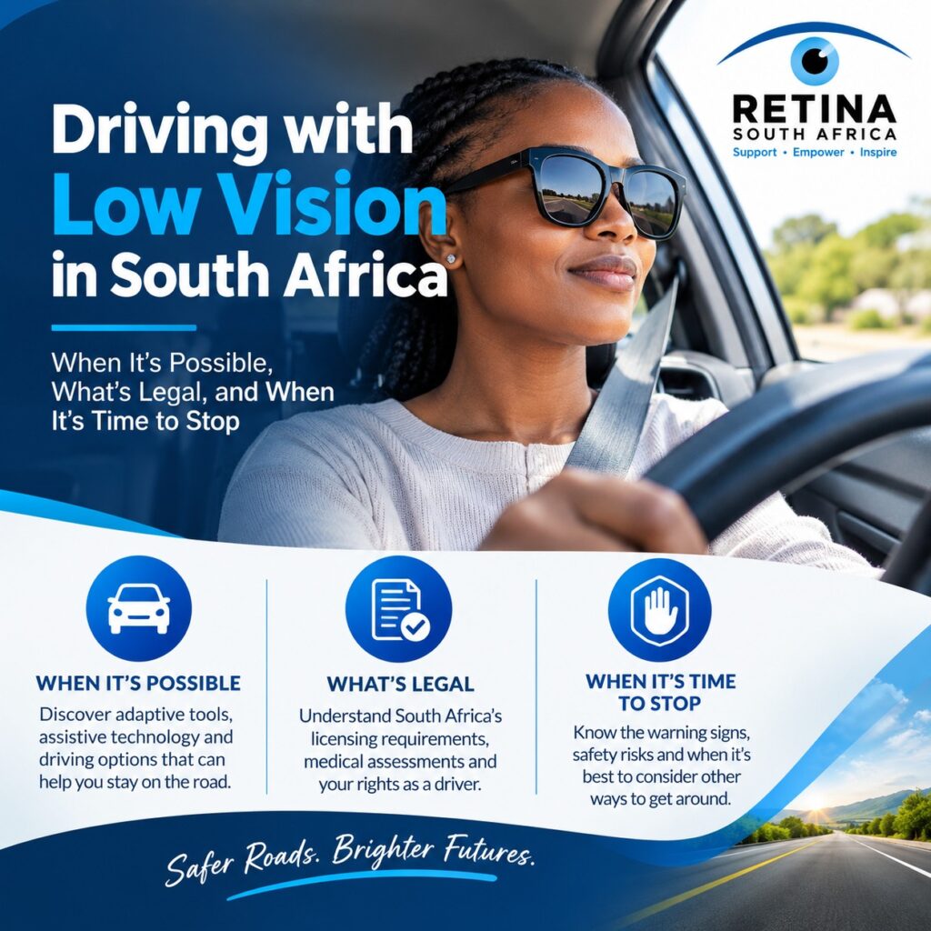 Instagram square graphic titled 'Driving with Low Vision in South Africa: When It's Possible, What's Legal, and When It's Time to Stop,' featuring a woman wearing sunglasses driving a car with her seatbelt on, alongside the Retina South Africa eye logo. Below the , three icons and captions outline the topics: a car icon for 'When It's Possible' (adaptive tools and assistive technology), a document icon for 'What's Legal' (licensing requirements and medical assessments), and a stop-hand icon for 'When It's Time to Stop' (warning signs and alternative transport), with the tagline 'Safer Roads. Brighter Futures.' at the bottom.