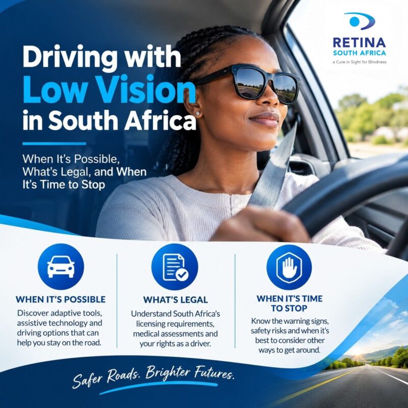 Instagram square graphic titled 'Driving with Low Vision in South Africa: When It's Possible, What's Legal, and When It's Time to Stop,' featuring a woman wearing sunglasses driving a car with her seatbelt on, alongside the Retina South Africa eye logo. Below the , three icons and captions outline the topics: a car icon for 'When It's Possible' (adaptive tools and assistive technology), a document icon for 'What's Legal' (licensing requirements and medical assessments), and a stop-hand icon for 'When It's Time to Stop' (warning signs and alternative transport), with the tagline 'Safer Roads. Brighter Futures.' at the bottom.